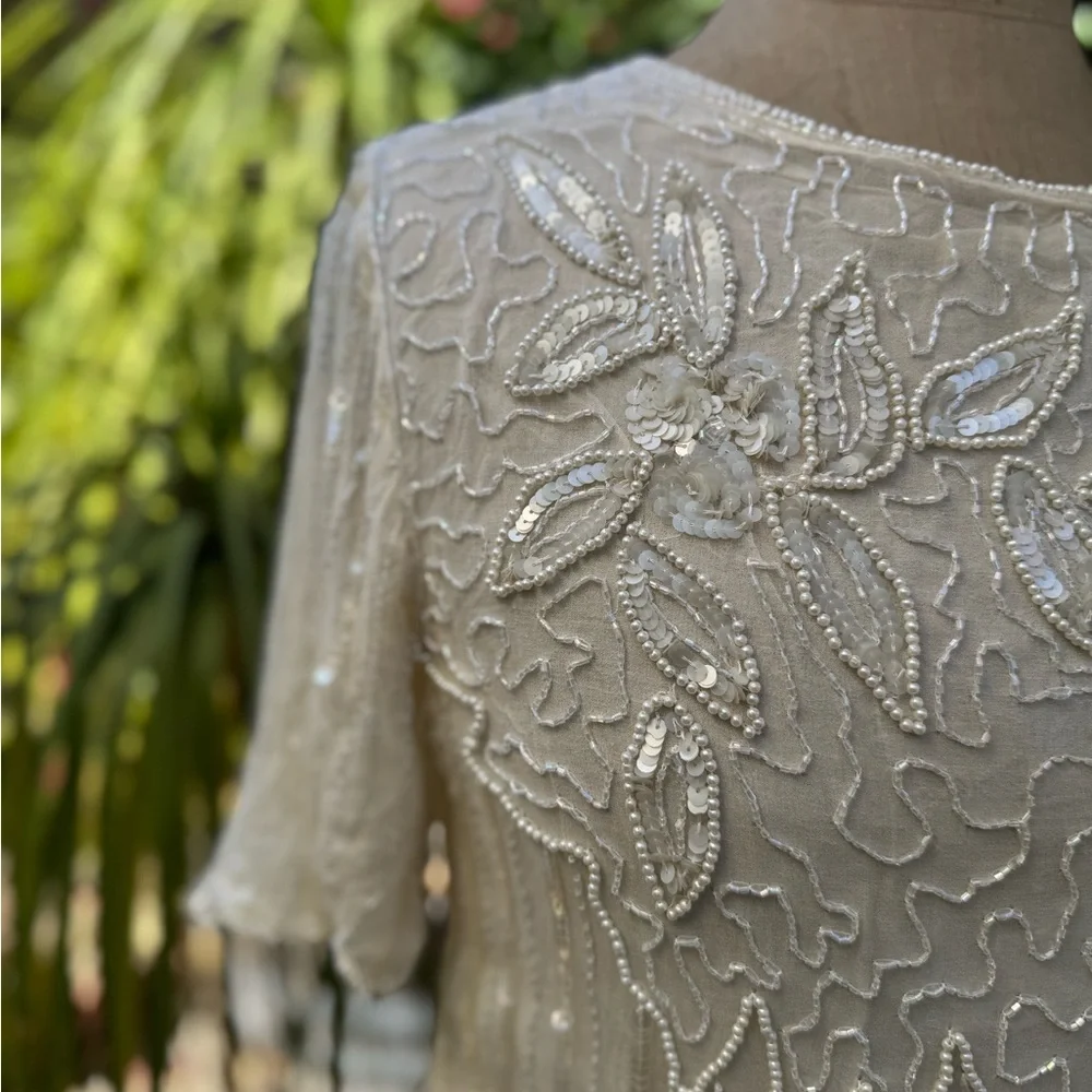 Two Piece Silk Beaded 80s Dress - Picture 2 of 7